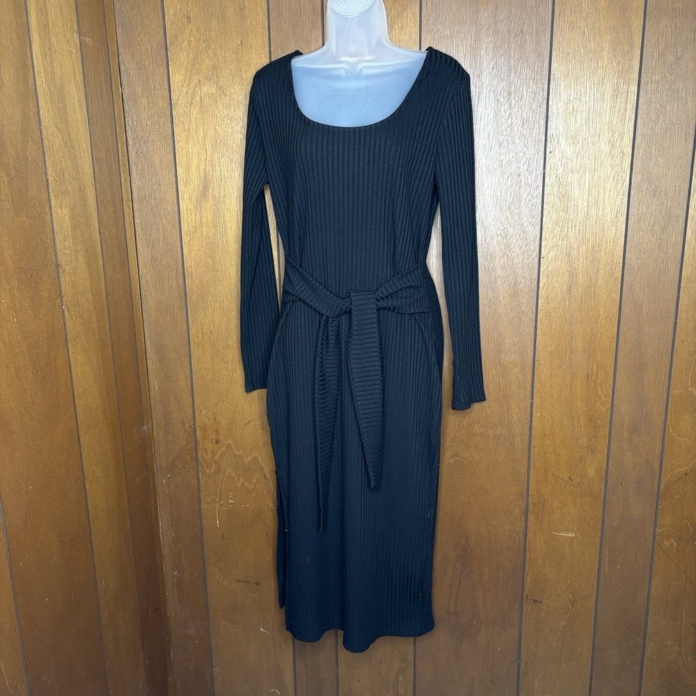 Prettygarden Dress Women L Black Ribbed Midi Belted Minimalist Baddie Office